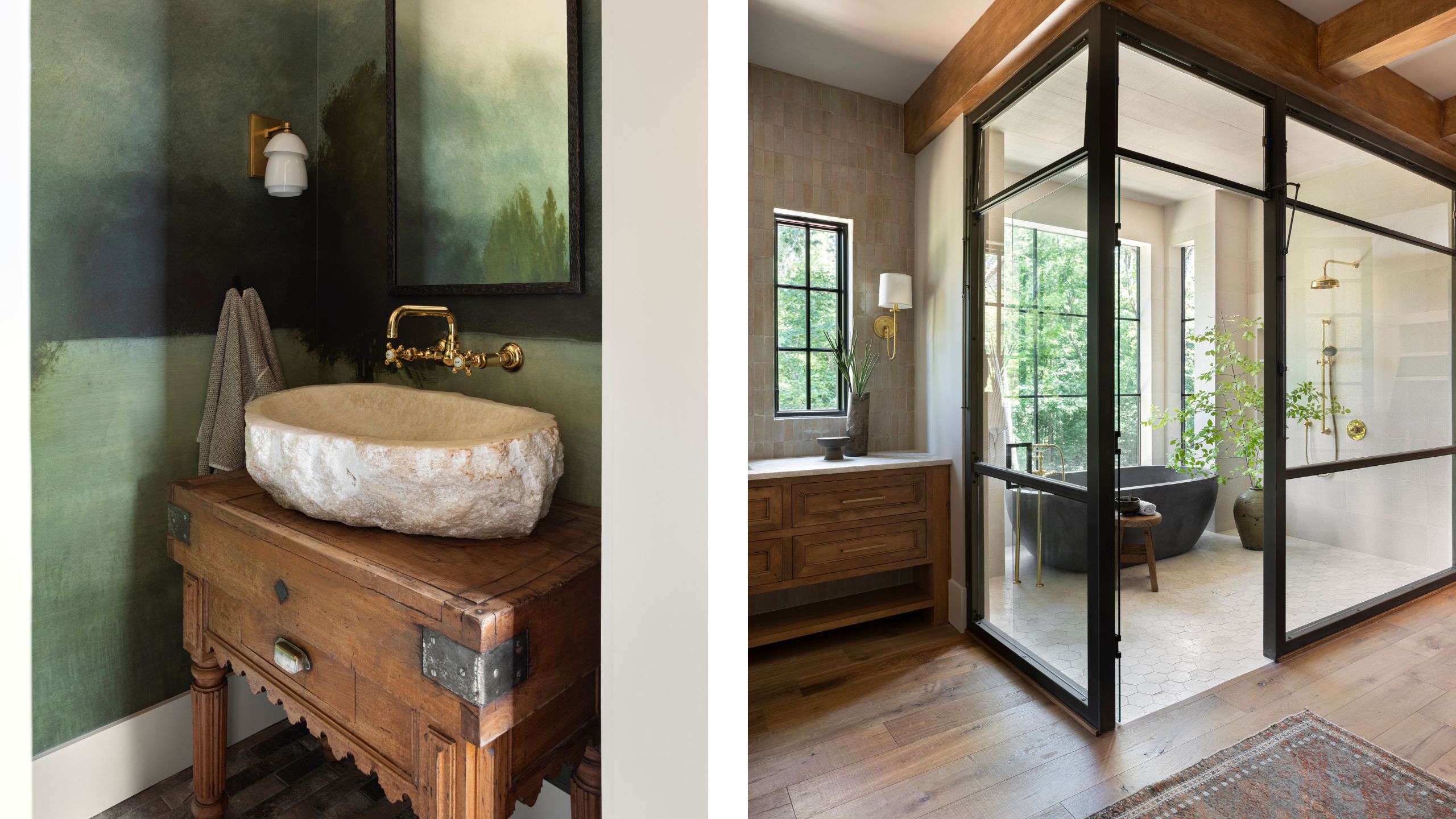 two side by side images of green and wooden toned bathrooms with natural stone sinks and a metal cased shower and freestanding tub