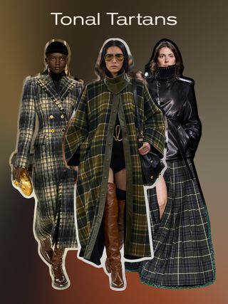 a collage of models in the fall runway shows of Schiaparelli, Chloé, and Burberry, all wearing one of the biggest fall print trends: tartan patterns