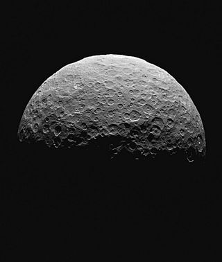The northern hemisphere on the sunlit side of dwarf planet Ceres, seen by NASA's Dawn spacecraft in April 2015.