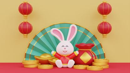 Chinese zodiac 2023: Chinese new year banner wwith 3D cute rabbit, wealth gold money and festive lanterns hanging, Chinese Festivals, Lunar, CYN 2023, Year of the Rabbit, 3d rendering