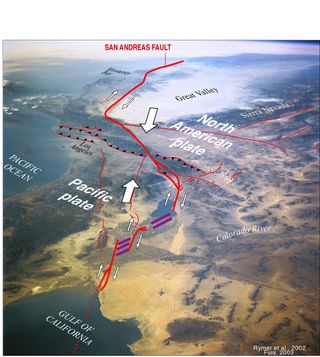 The San Andreas Fault super-imposed over the California landscape seen in a shuttle photo.