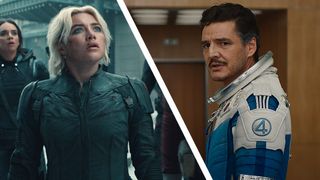A collage image of Thunderbolts* member Yelena Belova and The Fantastic Four: First Steps' Reed Richards looking worried as they stare at things off-camera