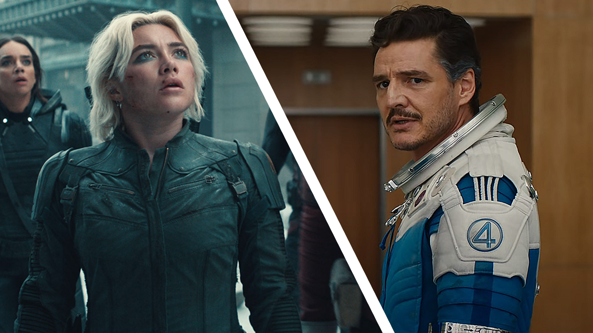 A collage image of Thunderbolts* member Yelena Belova and The Fantastic Four: First Steps&#039; Reed Richards looking worried as they stare at things off-camera