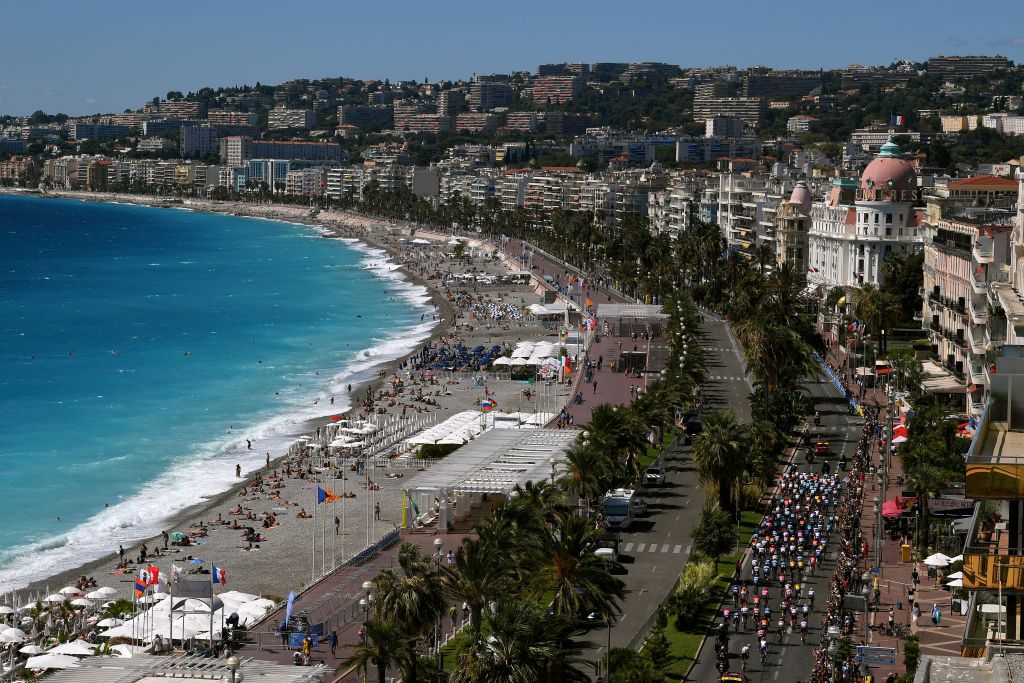 NICE FRANCE AUGUST 30 Promenade des Anglais Le Negresco Hotel Nice City Beach Mediterranean Sea Landscape Peloton during the 107th Tour de France 2020 Stage 2 a 186km stage from Nice Haut Pays to Nice TDF2020 LeTour on August 30 2020 in Nice France Photo by Tim de WaeleGetty Images