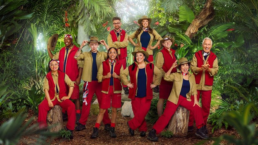 This year&#039;s celebrity campmates pose for a group photo against a lush green backdrop ahead of entering the Aussie jungle in &quot;I&#039;m a Celebrity&quot; 2025.