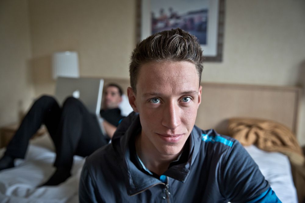Josh Edmondson of Team Sky cycling poses for a portrait in his hotel room ahead of stage two of the Tour Of Britain