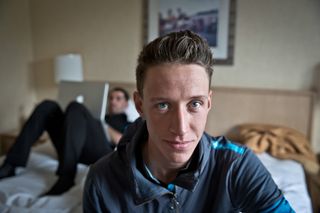 Josh Edmondson of Team Sky cycling poses for a portrait in his hotel room ahead of stage two of the Tour Of Britain