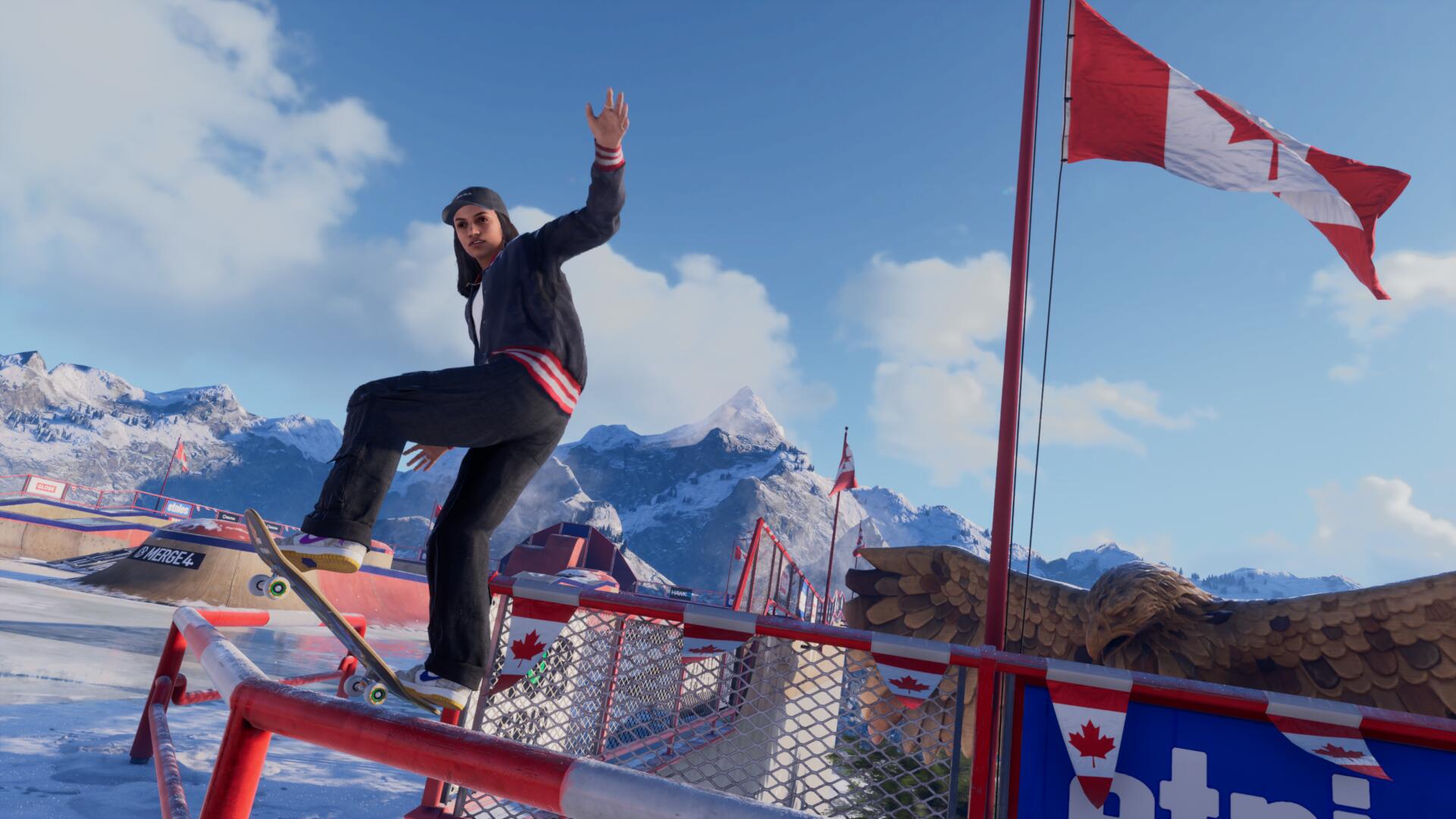 Rayssa Leal grind past the Canadian dlag in Tony Hawk's Pro Skater 3 + 4's Canada level