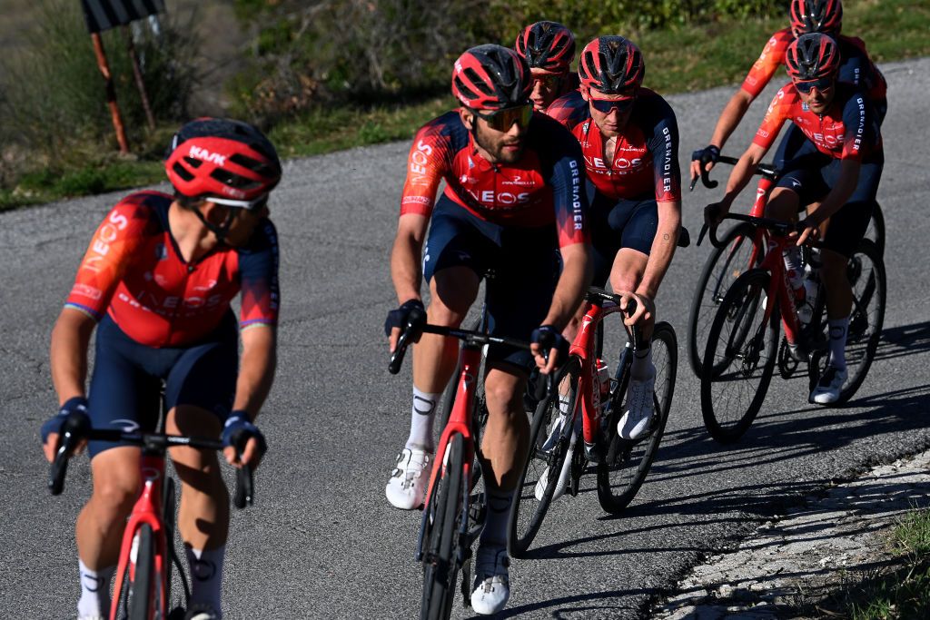 SARNANOSASSORETTO ITALY MARCH 10 Tao Geoghegan Hart of The United Kingdom and Team INEOS Grenadiers competes during the 58th TirrenoAdriatico 2023 Stage 5 a 1656km stage from Morro dOro to SarnanoSassotetto 1451m UCIWT TirrenoAdriatico on March 10 2023 in SarnanoSassotetto Italy Photo by Tim de WaeleGetty Images