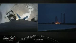 A SpaceX Falcon 9 rocket first stage returns to Earth for a touchdown at Landing Zone 1 at Cape Canaveral Air Force Station in Florida after the successful launch of Argentina's SAOCOM-1 Earth observation satellite and two rideshare payloads on Aug. 30, 2020.
