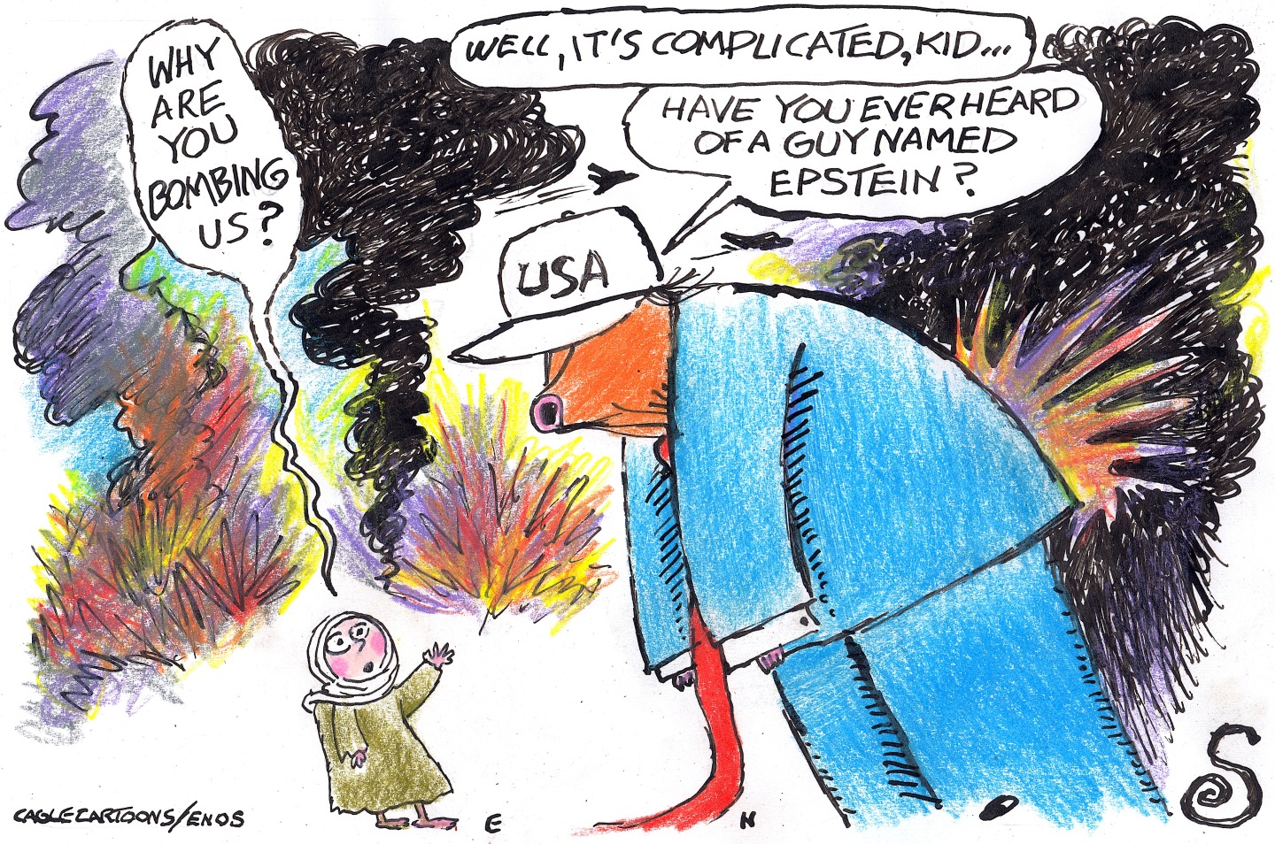 A small Iranian girl wears a head scarf and speaks to Donald Trump outside as explosions, fire, and smoke fill the surrounding landscape. She says, &amp;ldquo;Why are you bombing us?&amp;rdquo; Trump wears a USA hat and says, &amp;ldquo;Well, it&amp;rsquo;s complicated kid&amp;hellip;Have you heard of a guy named Epstein?&amp;rdquo;