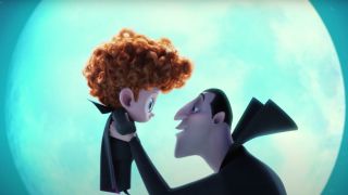 Drac holding Dennis in front of the moon in Hotel Transylvania 2