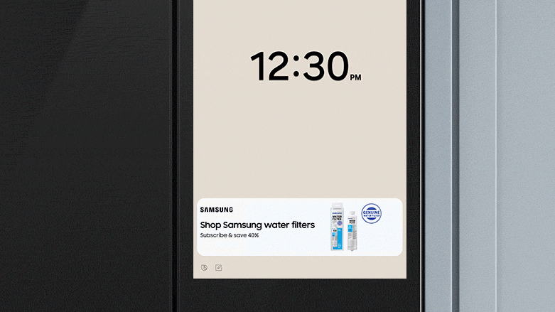 A Samsung smart fridge showing an ad