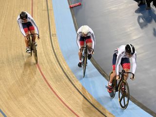 The GB team struggle to stay together under the starting effort of Philip Hindes