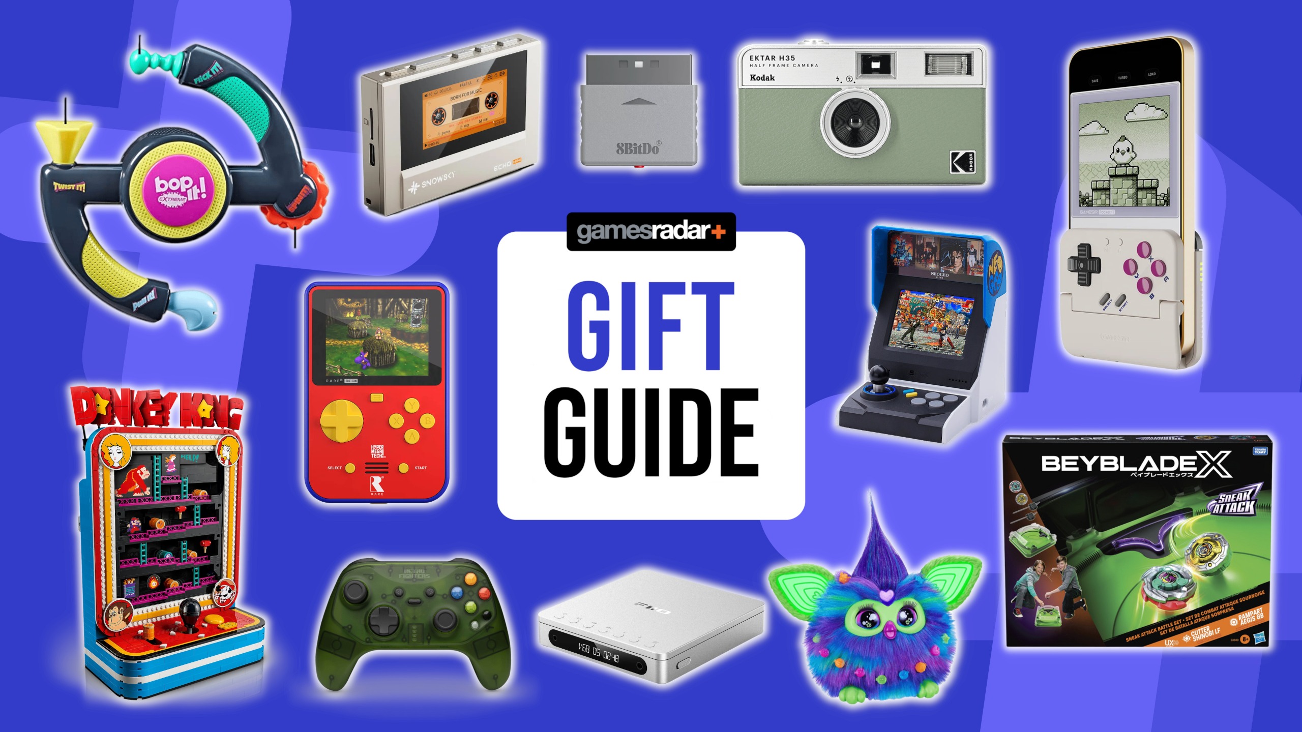 Retro gadgets on a blue background with gift guide badge in the middle