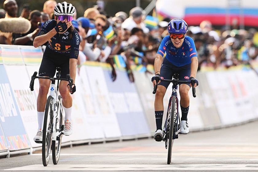 23 Road RaceKIGALI, RWANDA - SEPTEMBER 25: (L-R) Paula Blasi Cairol of Team Spain celebrates at finish line as bronze medal winner ahead of Eleonora Ciabocco of Team Italy during the 98th UCI Cycling World Championships Kigali 2025 - Women Under 23 Road Race a 119,3 km one day race from Kigali to Kigali on September 25, 2025 in Kigali, Rwanda. (Photo by Dario Belingheri/Getty Images)