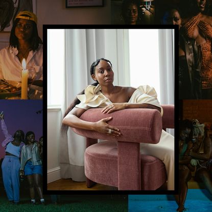 a collage of images of actress sasha compere wearing a white gown sitting on a pink chair over a selection of stills from the movie dreams in nightmares