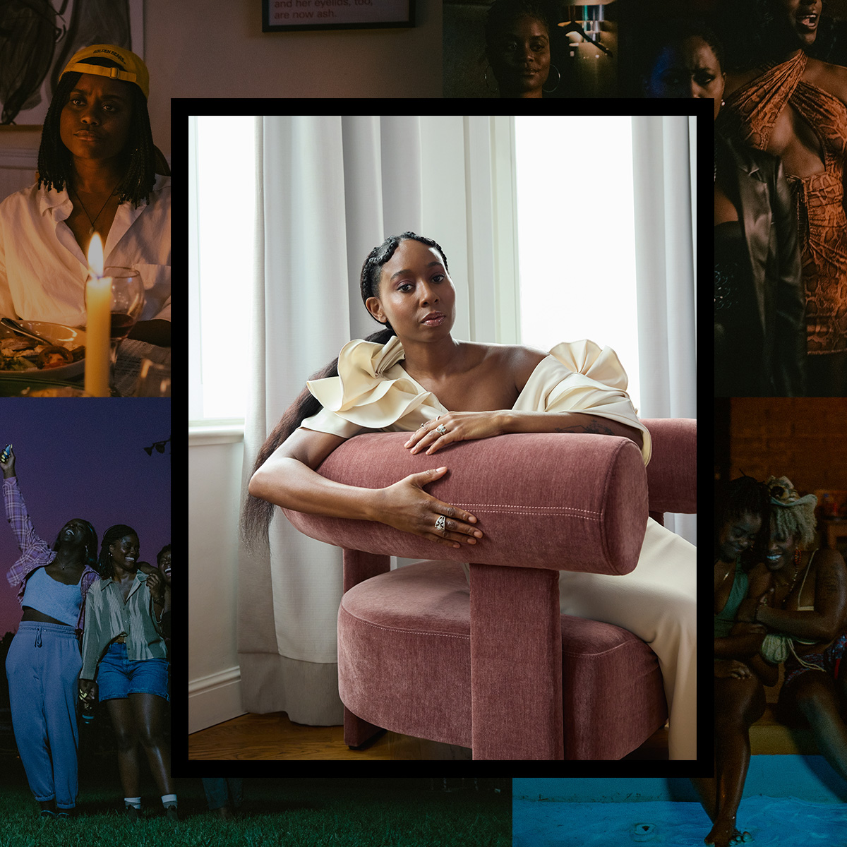 a collage of images of actress sasha compere wearing a white gown sitting on a pink chair over a selection of stills from the movie dreams in nightmares