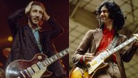 LEFT: Pete Townshend of The Who performs live on stage at the Capitol Theater, Passaic, New Jersey on 10th September 1979. Townshend plays his Wine Red Gibson Les Paul Deluxe guitar number 1. RIGHT: Jimmy Page of Led Zeppelin performs on stage at Oude Rai on 27th May 1972 in Amsterdam, Netherlands. He plays a Gibson Les Paul guitar. 