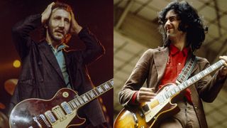 LEFT: Pete Townshend of The Who performs live on stage at the Capitol Theater, Passaic, New Jersey on 10th September 1979. Townshend plays his Wine Red Gibson Les Paul Deluxe guitar number 1. RIGHT: Jimmy Page of Led Zeppelin performs on stage at Oude Rai on 27th May 1972 in Amsterdam, Netherlands. He plays a Gibson Les Paul guitar.