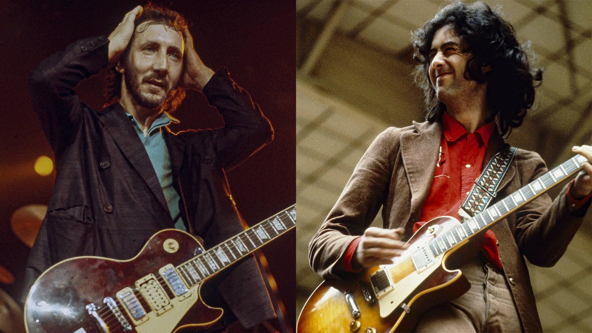 LEFT: Pete Townshend of The Who performs live on stage at the Capitol Theater, Passaic, New Jersey on 10th September 1979. Townshend plays his Wine Red Gibson Les Paul Deluxe guitar number 1. RIGHT: Jimmy Page of Led Zeppelin performs on stage at Oude Rai on 27th May 1972 in Amsterdam, Netherlands. He plays a Gibson Les Paul guitar. 