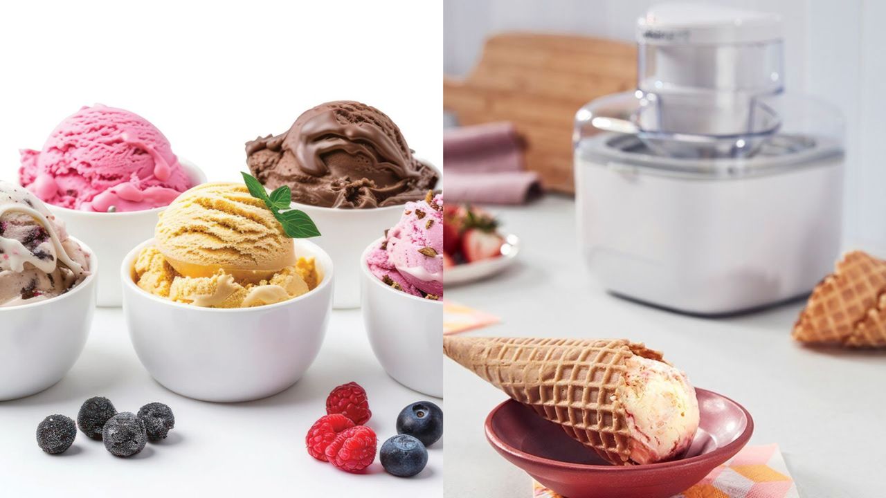 The Cuisinart Solo Scoops Ice Cream Maker on the right with ice cream on the left