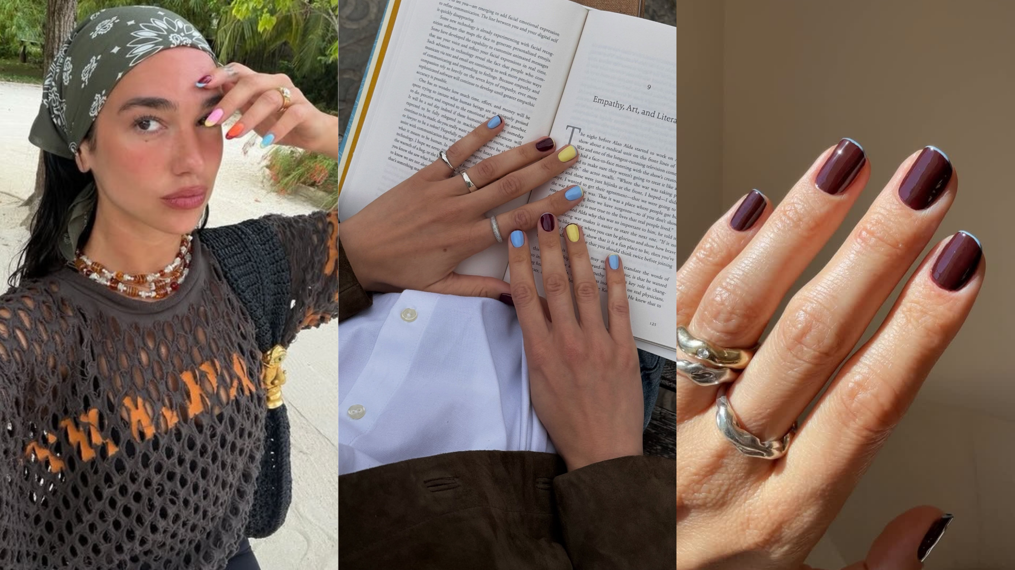 A collage featuring three contrasting French manicures, featuring Dua Lip and two manicures by @matejanova and @betina_goldstein