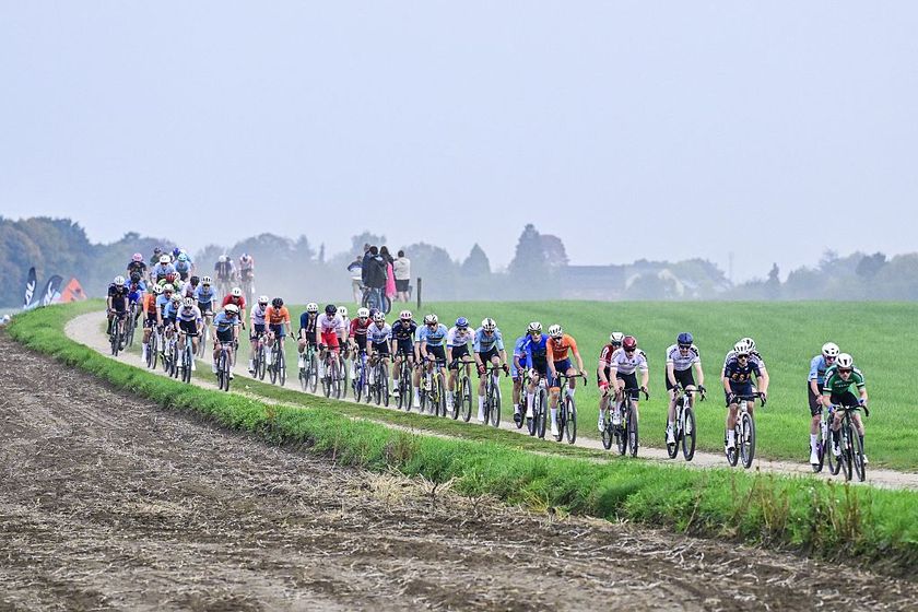 The pack of riders pictured in action during the men elite race at the UCI World Gravel Championships, Sunday 12 October 2025, in Maastricht, The Netherlands. BELGA PHOTO DIRK WAEM (Photo by DIRK WAEM / BELGA MAG / Belga via AFP)