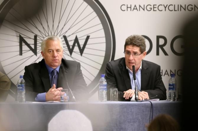 Panel members Greg LeMond and Paul Kimmage at the Change Cyclng Now press conference in London.