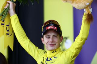 BELLEVILLEENBEAUJOLAIS FRANCE JULY 13 Jonas Vingegaard of Denmark and Team JumboVisma celebrates at podium as Yellow leader jersey winner during the stage twelve of the 110th Tour de France 2023 a 1688km stage from Roanne to Belleville en Beaujolais UCIWT on July 13 2023 in Belleville en Beaujolais France Photo by Michael SteeleGetty Images