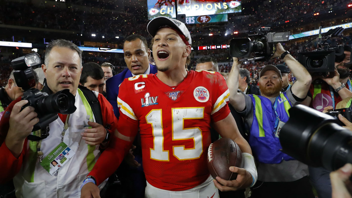 Kansas City quarterback Patrick Mahomes celebrates the Super Bowl win over the 49ers