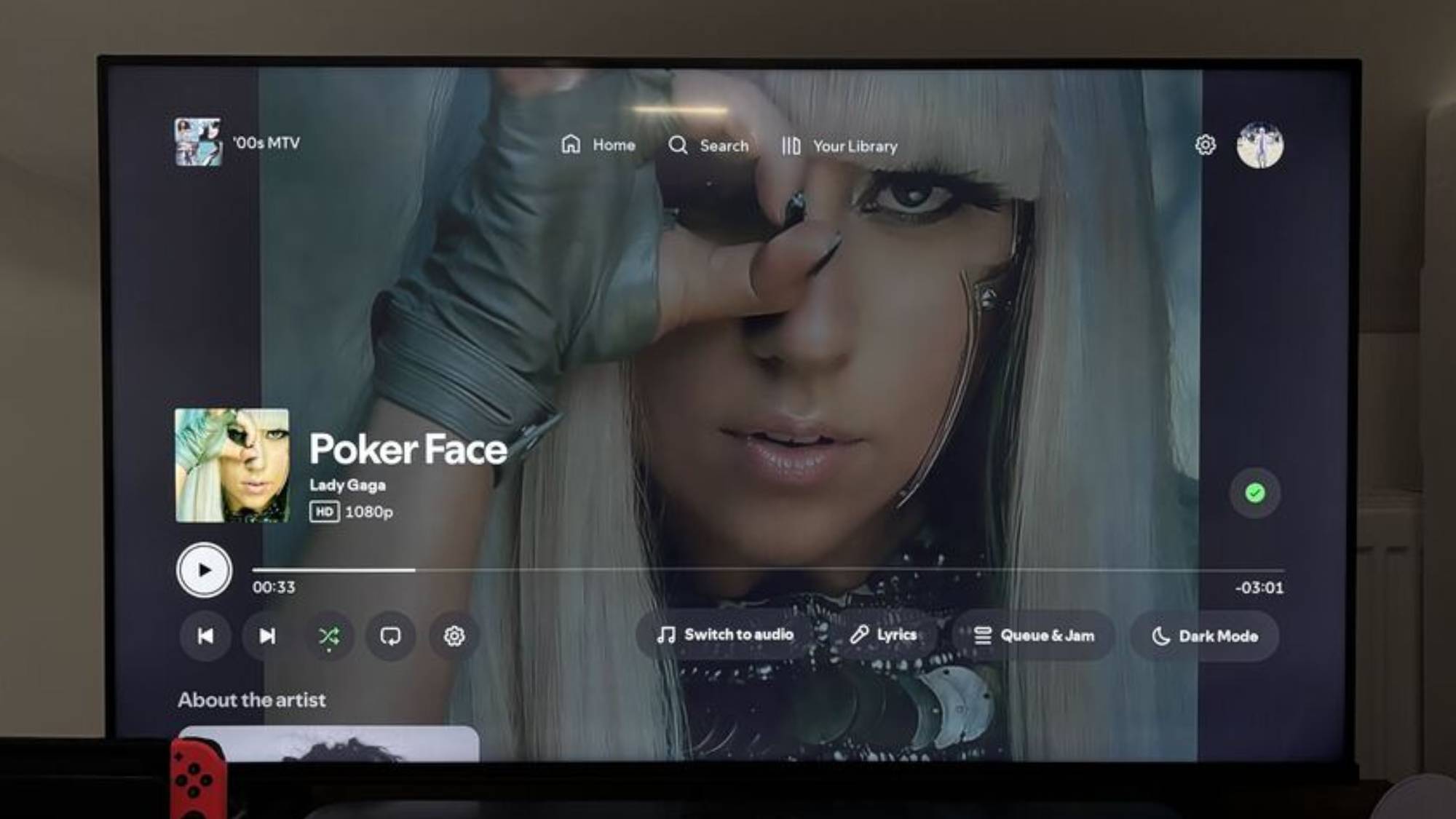 The Poker Face music video playing on the Spotify smart TV app 
