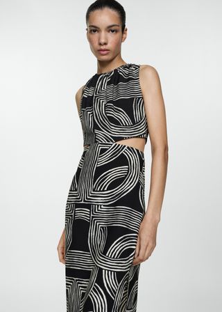 Black and White Printed Dress With Waist Cutouts