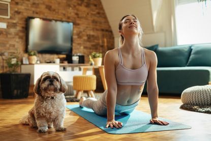 Yoga for beginners: relaxed woman doing an upwards dog