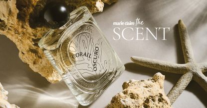 Les Essences De Diptyque Corail Oscuro shot on dried coral with a dried starfish, with the words 'Marie Claire The Scent' featuring over the image