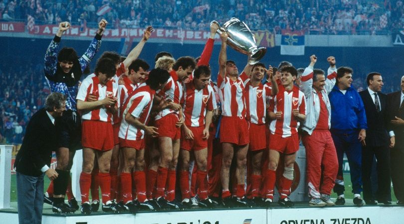 Red Star Belgrade&#039;s players celebrate their European Cup win in 1991.