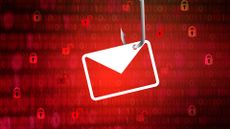 Phishing concept image showing an email symbol with a fishing hook pierced through, with glowing padlock symbols in background.