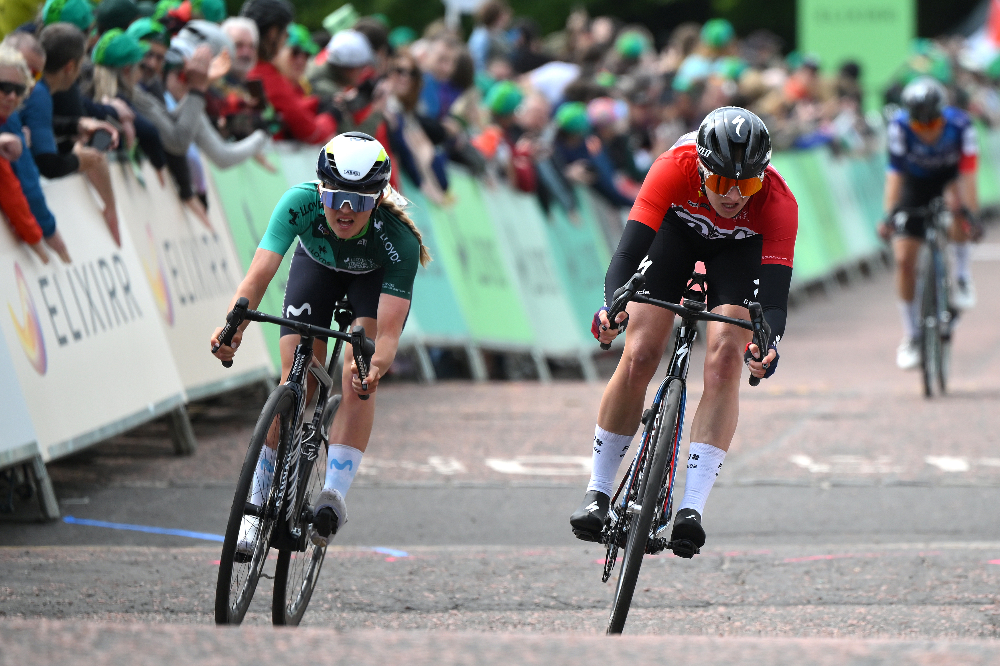 GLASGOW, SCOTLAND - JUNE 08: (L-R) Cat Ferguson of Great Britain and Team Movistar - Green Leader Jersey and Ally Wollaston of New Zealand and Team FDJ - SUEZ - Red Points Jersey compete during the 10th Tour of Britain Women 2025, Stage 4 a 82.2km stage from Glasgow to Glasgow / #UCIWWT / on June 08, 2025 in Glasgow, Scotland. (Photo by Alex Broadway/Getty Images)