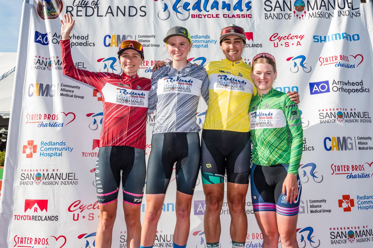 Final women's overall podium with Alia Shafi in the yellow leader's jersey as GC winner