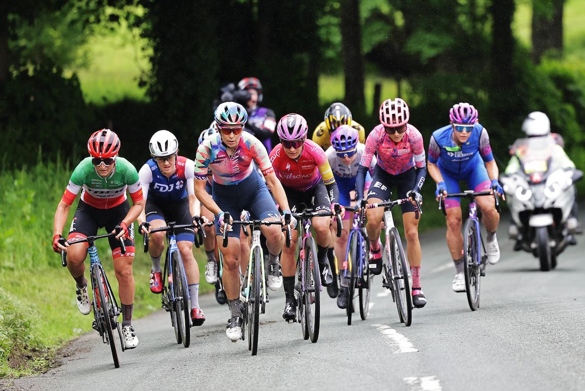 Picture by Alex Whitehead/SWpix.com - 09/06/2022 - Cycling - The Women&acirc;s Tour 2022 - Stage Four - Wrexham to Welshpool, Wales - Elise Chabbey of Team Canyon SRAM Racing on the front of the breakaway group with Elisa Longo Borghini of Team Trek Segafredo