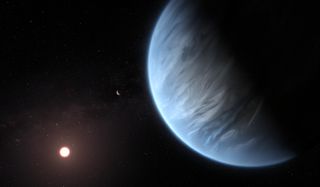 In a study published Sept. 11, 2019, researchers detected water vapor in the atmosphere of exoplanet K2-18b. This artist’s impression shows the planet K2-18b, its host star and an accompanying planet in this system.