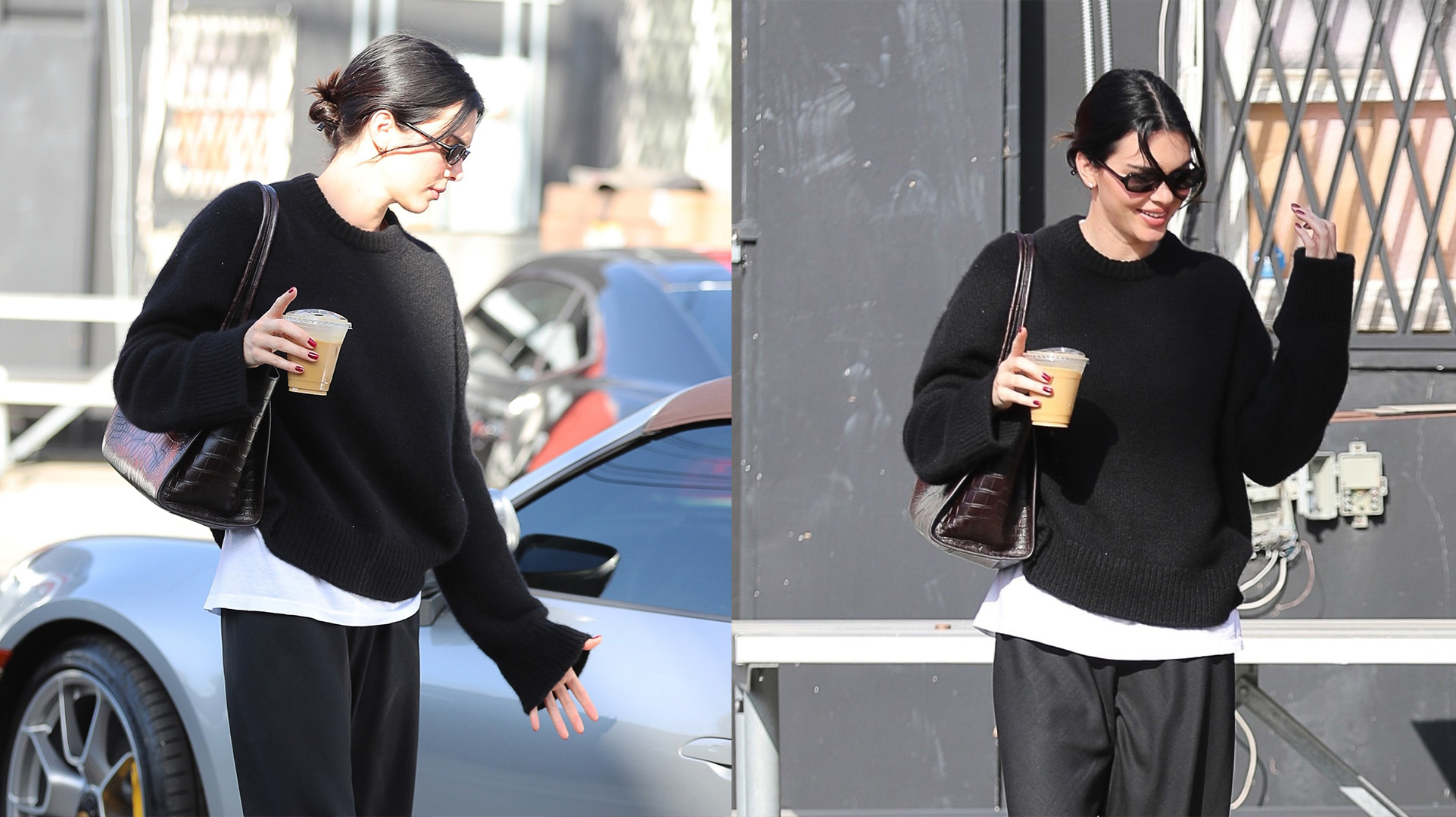 Kendall Jenner in Los Angeles wearing a black sweater, loose black pants, red The Row ballet flats, and a croc shoulder bag 