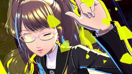 A screenshot from Persona 4 Revival shows Rise wearing glasses, winking.