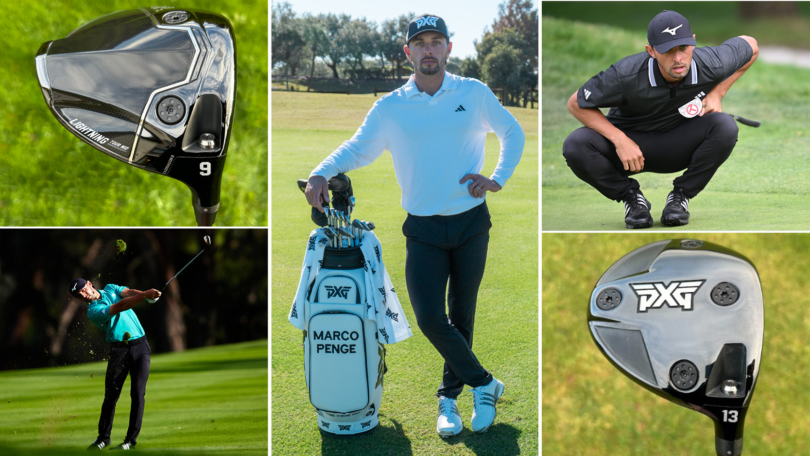 Marco Penge poses by a PXG bag, with two PXG clubs and two pictures of him hitting golf shots around it
