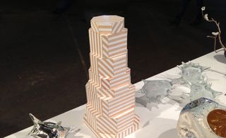 stacking tower of inlaid wood and acrylic boxes