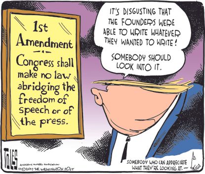 Political cartoon U.S. Trump press freedom free speech fake news