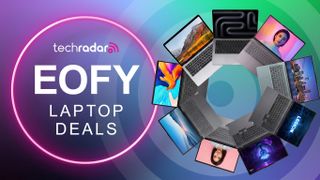 EOFY Australia laptop deals logo and a circle of laptops