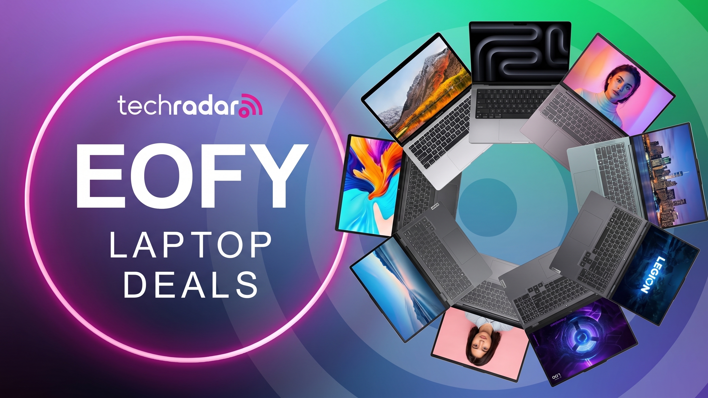 EOFY Australia laptop deals logo and a circle of laptops