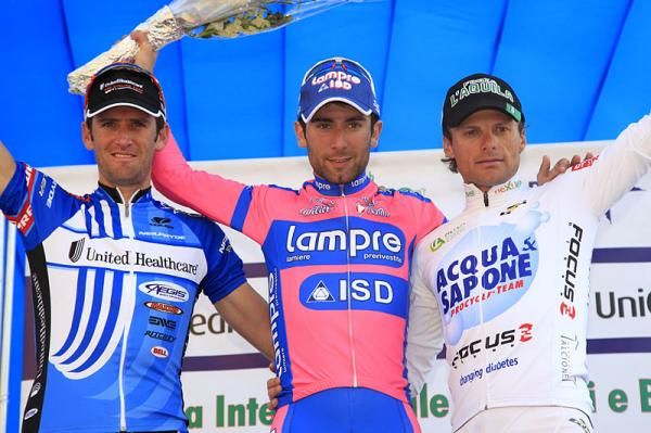 Stage 3 podium: Diego Ulissi (Lampre - ISD) in first; Rory Sutherland (Unitedhealthcare) in second, Danilo Di Luca (Acqua&amp;Sapone) in third