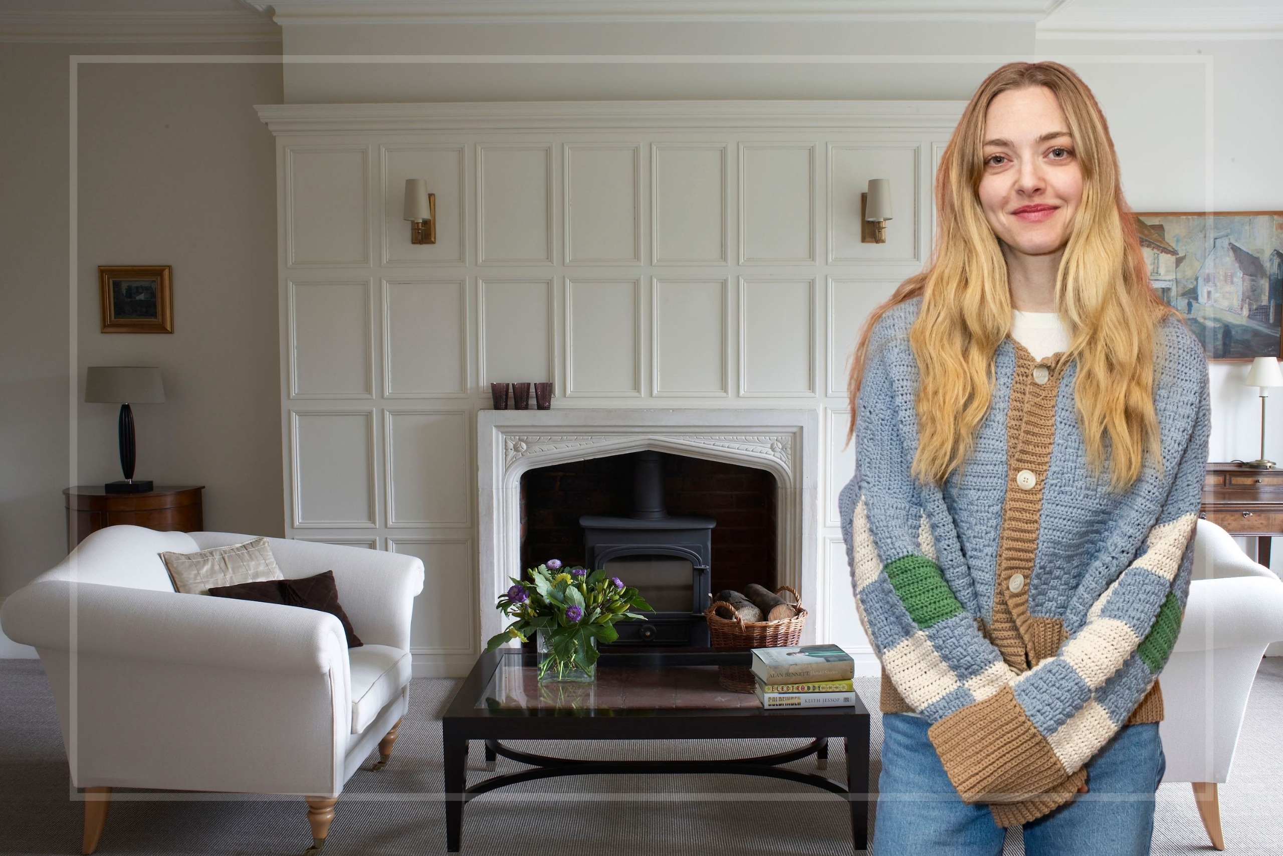 A comp image of a warm, minimalist living room with an insert of Amanda Seyfried (R)